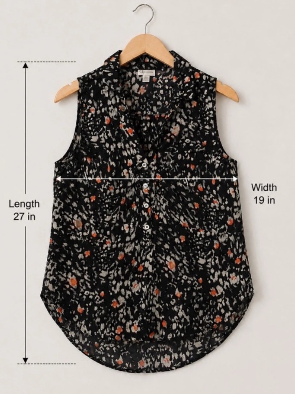 Black Floral Sleeveless Button-Front Camisole with Rust Accents